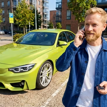 Een man belt terwijl hij voor een gele auto staat