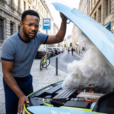 Een man staat naast zijn auto waar enorm veel rook uit komt