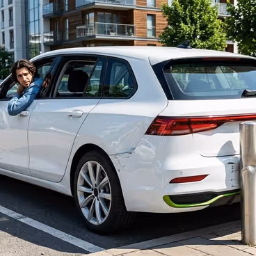 Een man rijdt met zijn auto achteruit tegen een paaltje