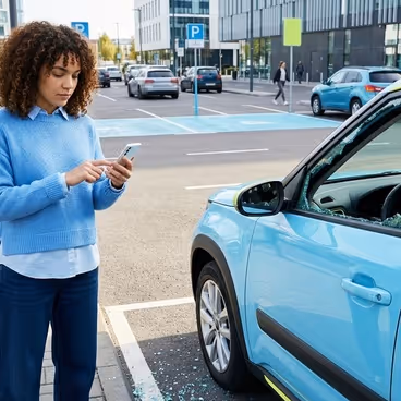 Een vrouw staat met haar telefoon in de hand bij een auto met kapotte ruit