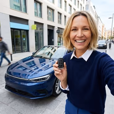 Een vrouw staat blij voor een auto met autosleutels in haar hand