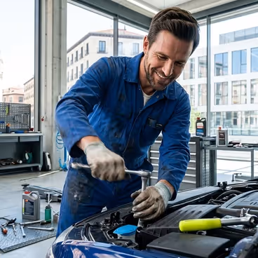 Een vrolijke monteur werkt in de garage aan het onderhoud van een auto