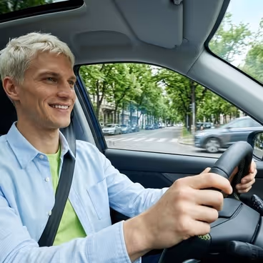 Een man zit lachend in de auto achter het stuur