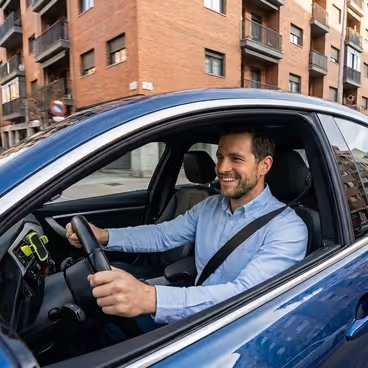 Een vrolijke man zit achter het stuur van zijn auto.