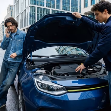 Twee mannen staan naast een auto zonder nummerplaat