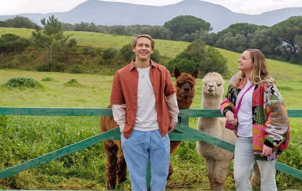 Stel met alpaca en telefoon