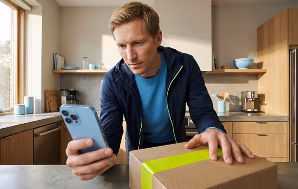 Man met pakketje en telefoon in hand