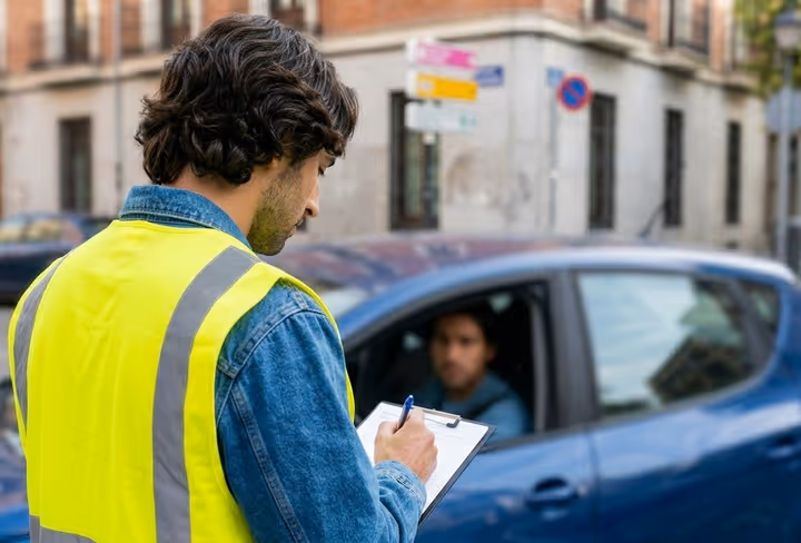Een man in een geel hesje geeft een boete aan een automobilist