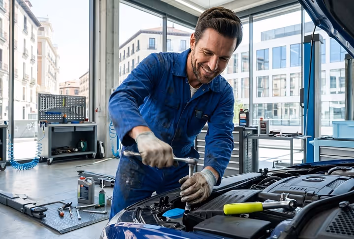 Een man sleutelt aan een auto in een garage