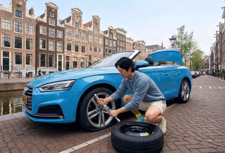Een man repareert de lekke band van zijn auto langs een gracht