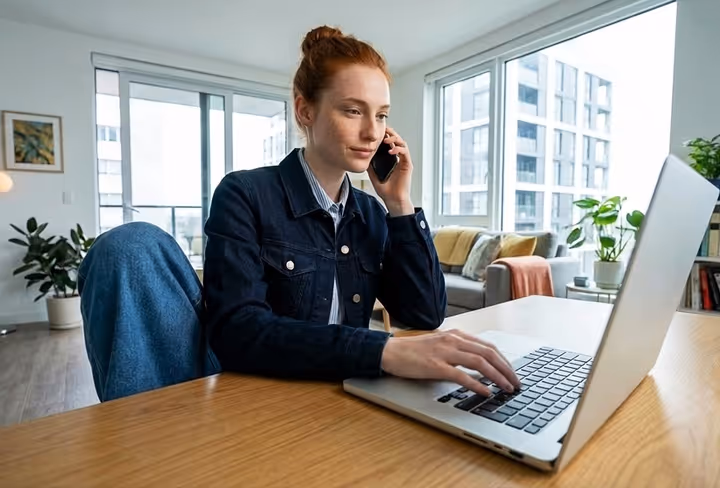 Een vrouw zit thuis bellend achter haar laptop.