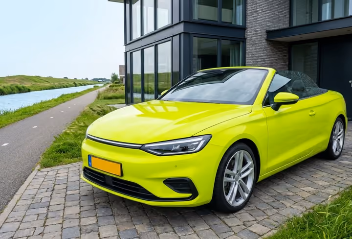 Een groene cabrio staat voor een villa in een landelijke omgeving