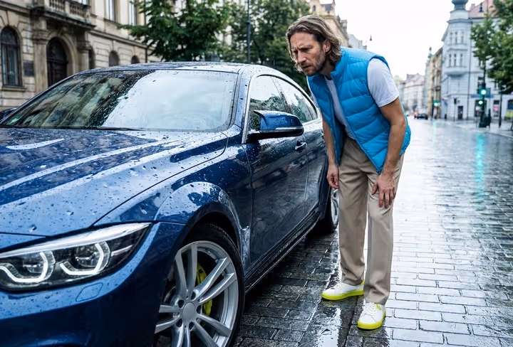 Man kijkt naar hagel op zijn auto