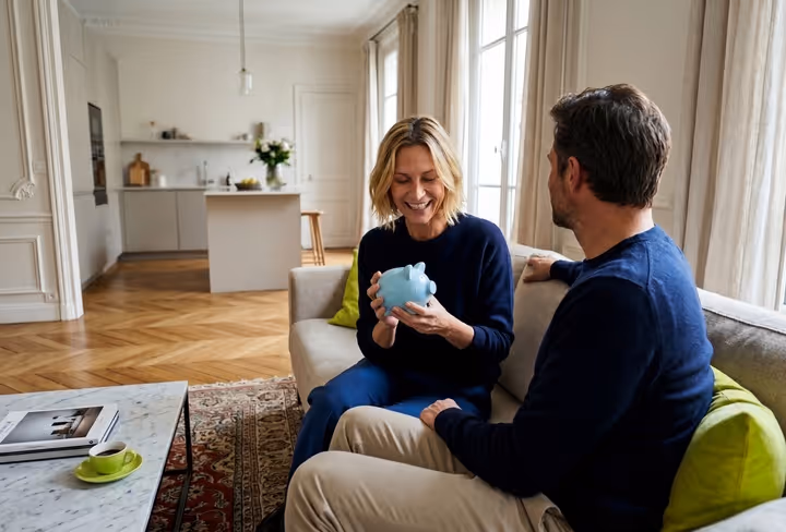 Een man en vrouw zitten samen op de bank en de vrouw houdt een blauw spaarpotje in haar hand. 