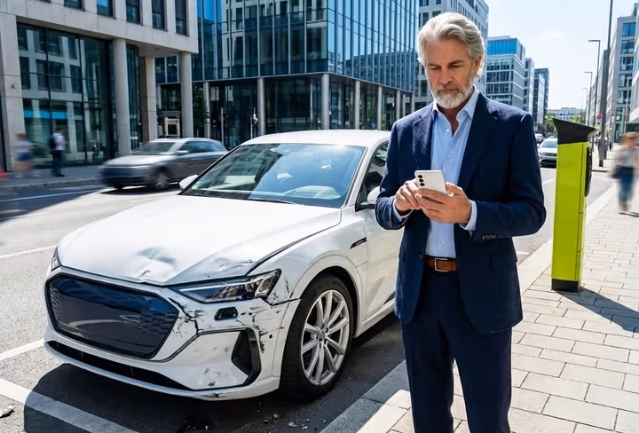 Een man staat naast zijn auto met zijn telefoon in zijn hand om schade te melden