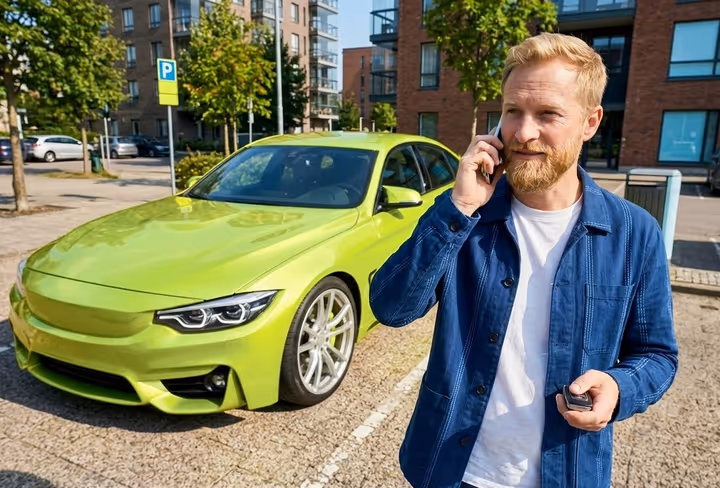 Een man staat bellend bij een gele geparkeerde auto