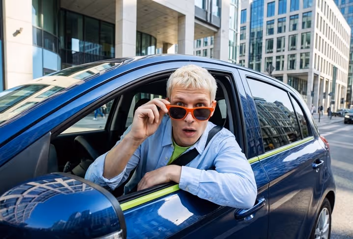 En man kijkt over zijn zonnebril uit het zijraam van zijn auto