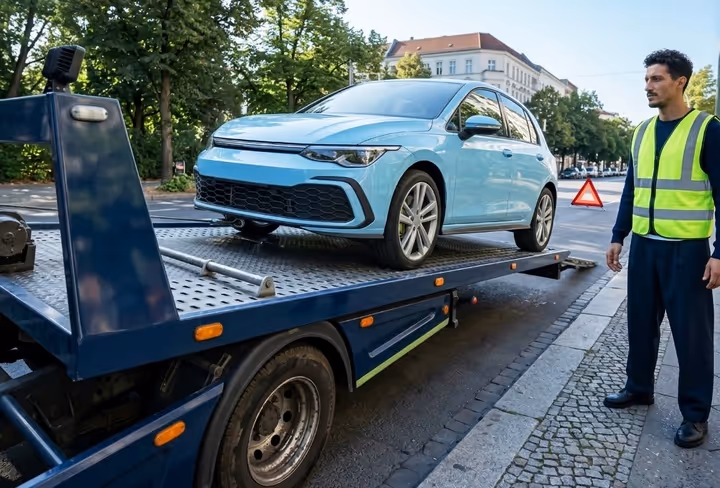 Een man staat bij een oplegger met een auto erop die pech heeft
