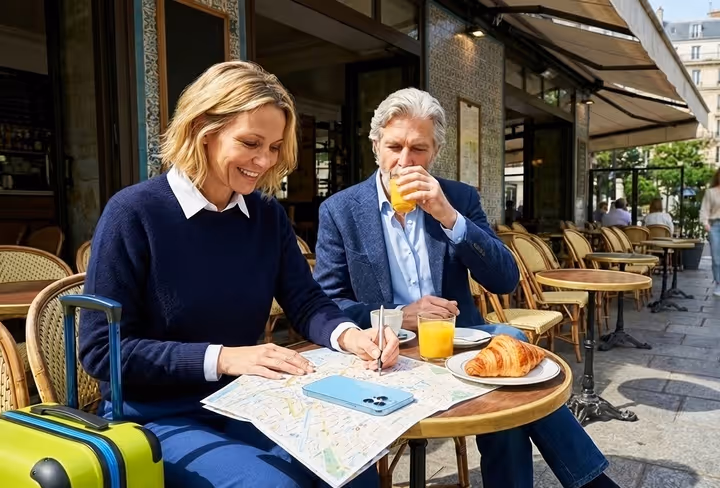 Een ouder echtpaar zit op een terras in Parijs met koffers naast zich
