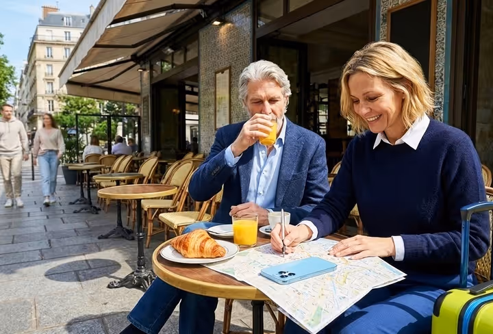 Een ouder stel zit op een terras in een buitenlandse stad met koffers naast zich