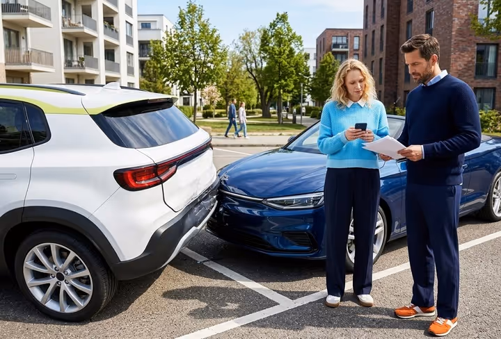 Een man en vrouw regelen het papierwerk na een aanrijding