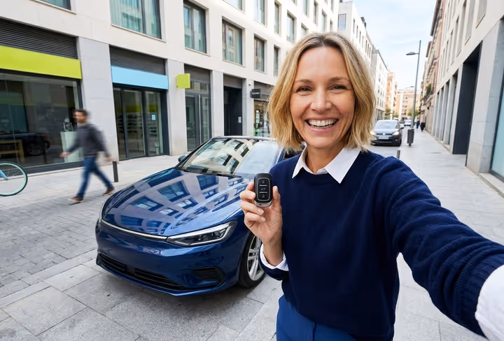 Een vrouw loopt blij met een autosleutel in haar hand