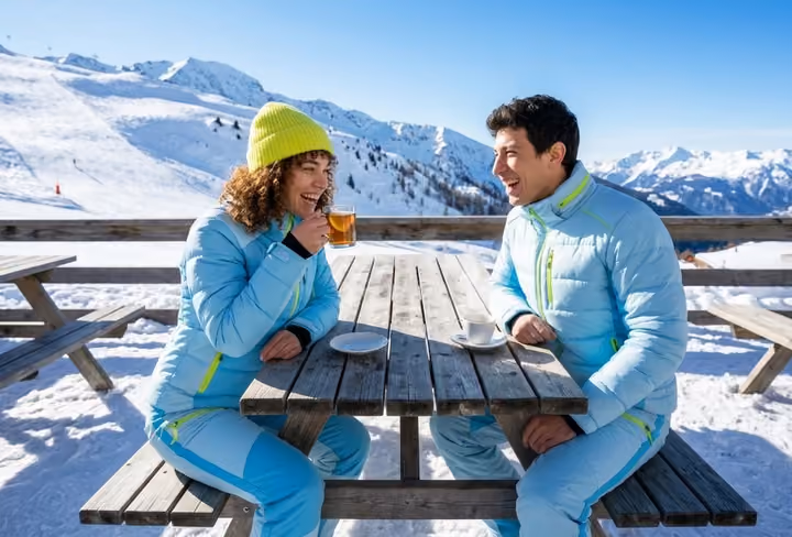 2 mensen in skiepak zitten aan een tafel