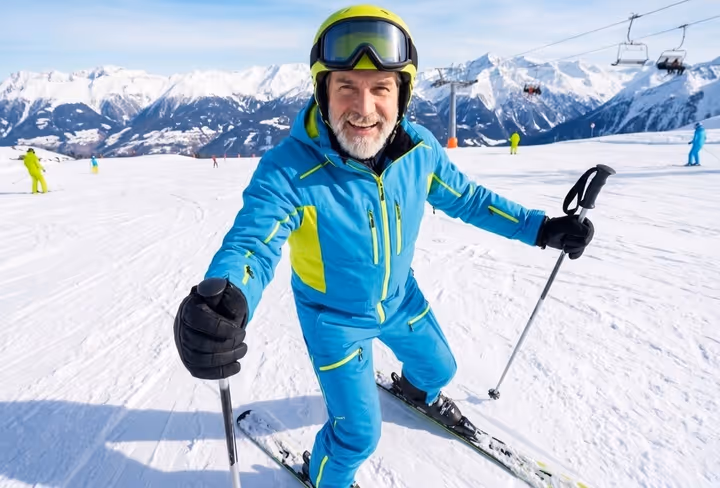Een oudere man staat op de ski's op een witte berg met strakblauwe lucht erachter