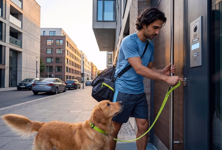 Een man loopt met zijn hond zijn huis binnen