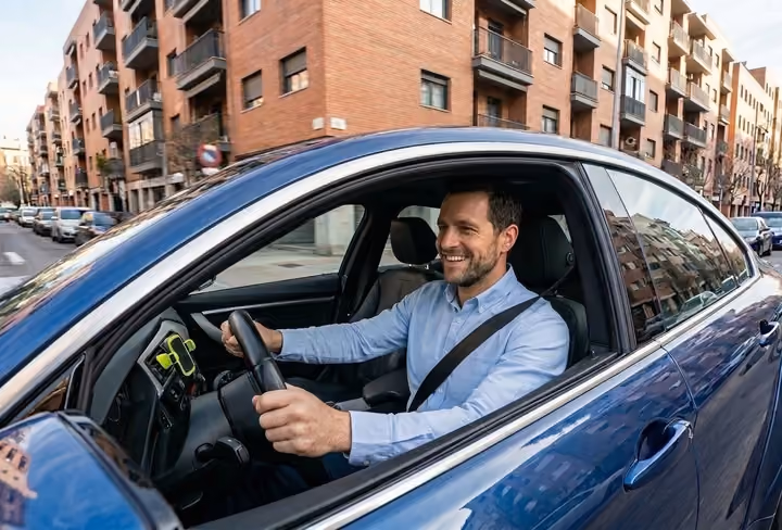 een vrolijke man rijdt in de auto