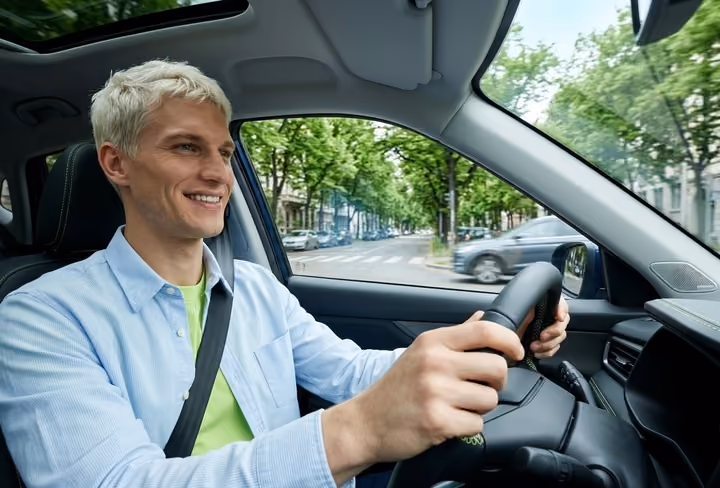 een blonde man rijd in een auto