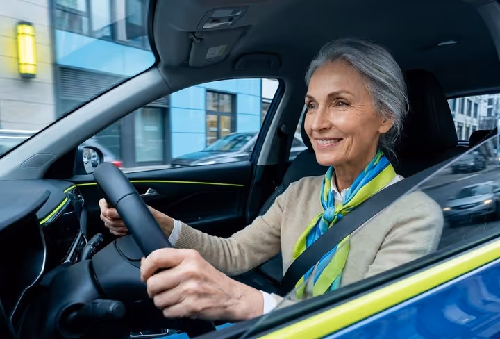 Een oudere dame zit achter het stuur in de auto