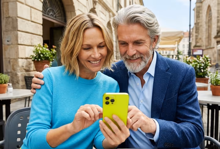 koppel kijkt samen op een telefoon