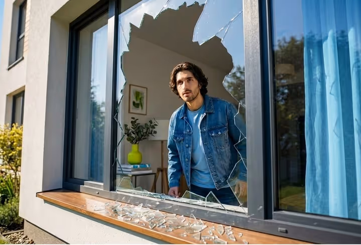 een man achter een gebroken raam