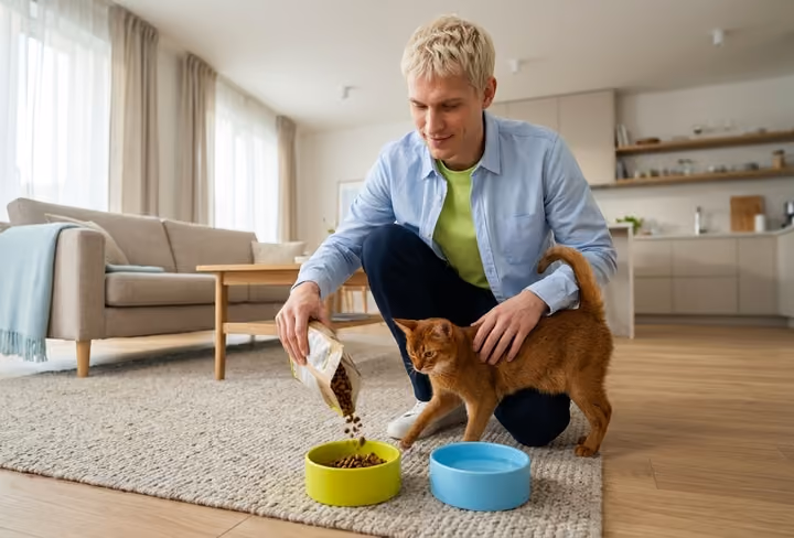 man geeft zijn kat eten