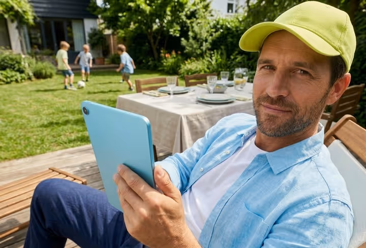 man in de tuin met een tablet