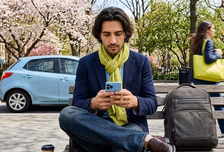 Man zit op een bankje in een park op zijn telefoon