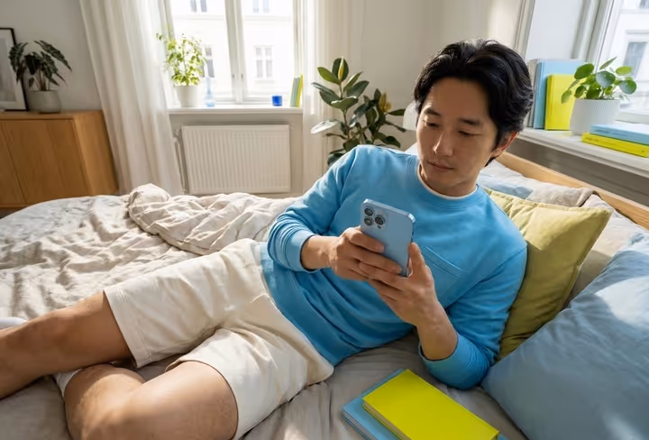 een man kijkt op zijn telefoon op de bank
