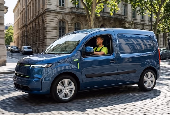 een man rijdt met zijn busje door de stad heen