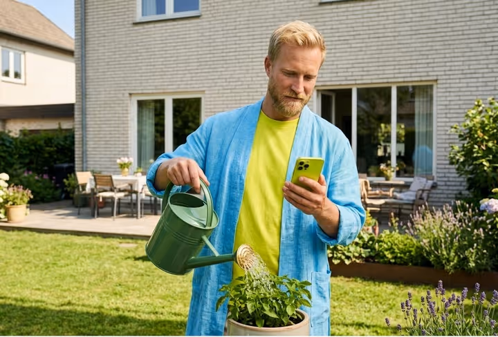 een man kijkt op zijn telefoon terwijl hij de planten water geeft