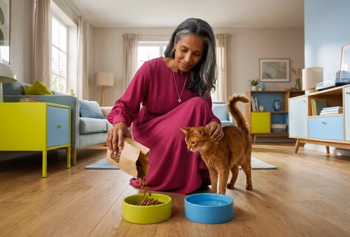 een vrouw geeft haar kat eten