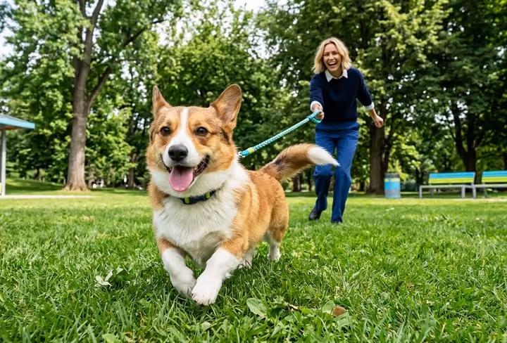 een vrouw laat haar hond uit