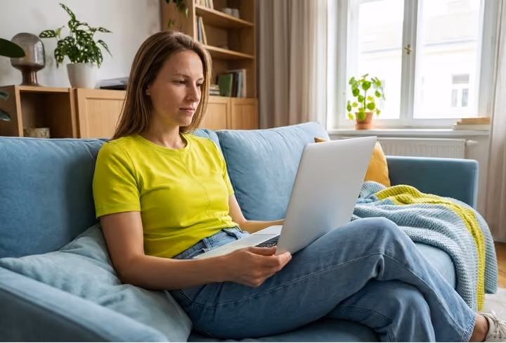 een vrouw zit thuis op de bank met haar laptop
