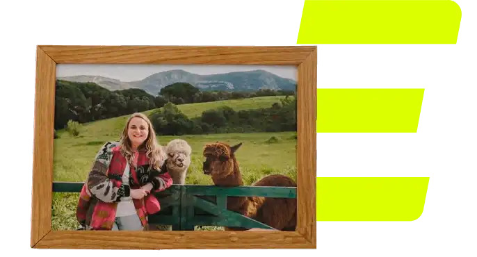 Schilderij met twee personen en twee alpaca's
