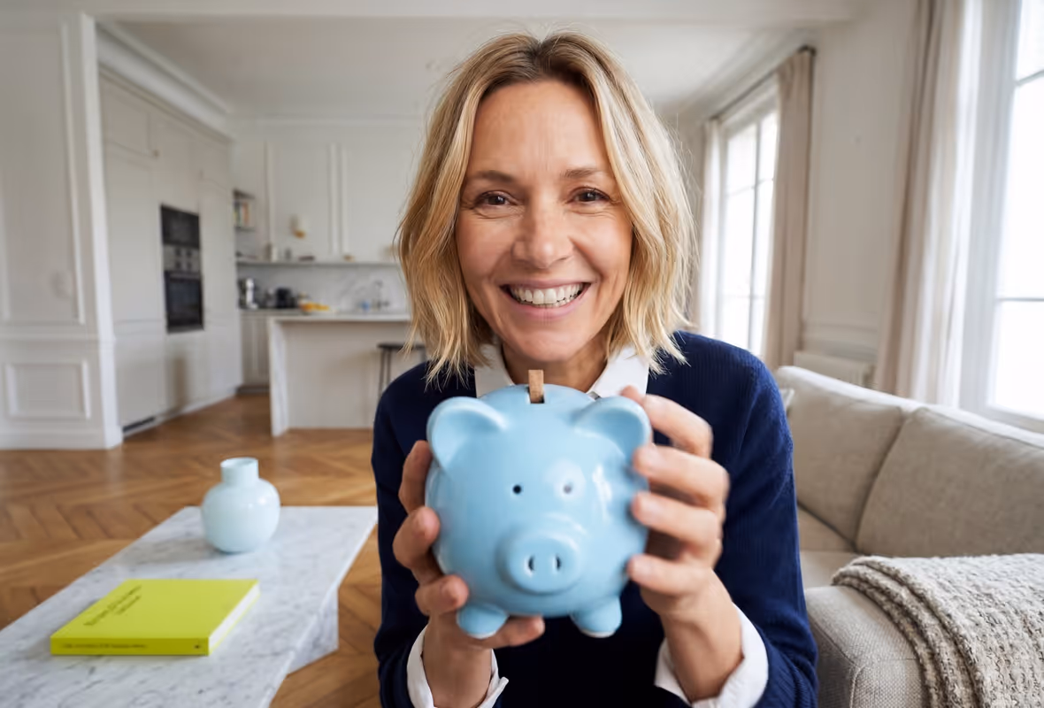 Blonde vrouw met spaarvarken