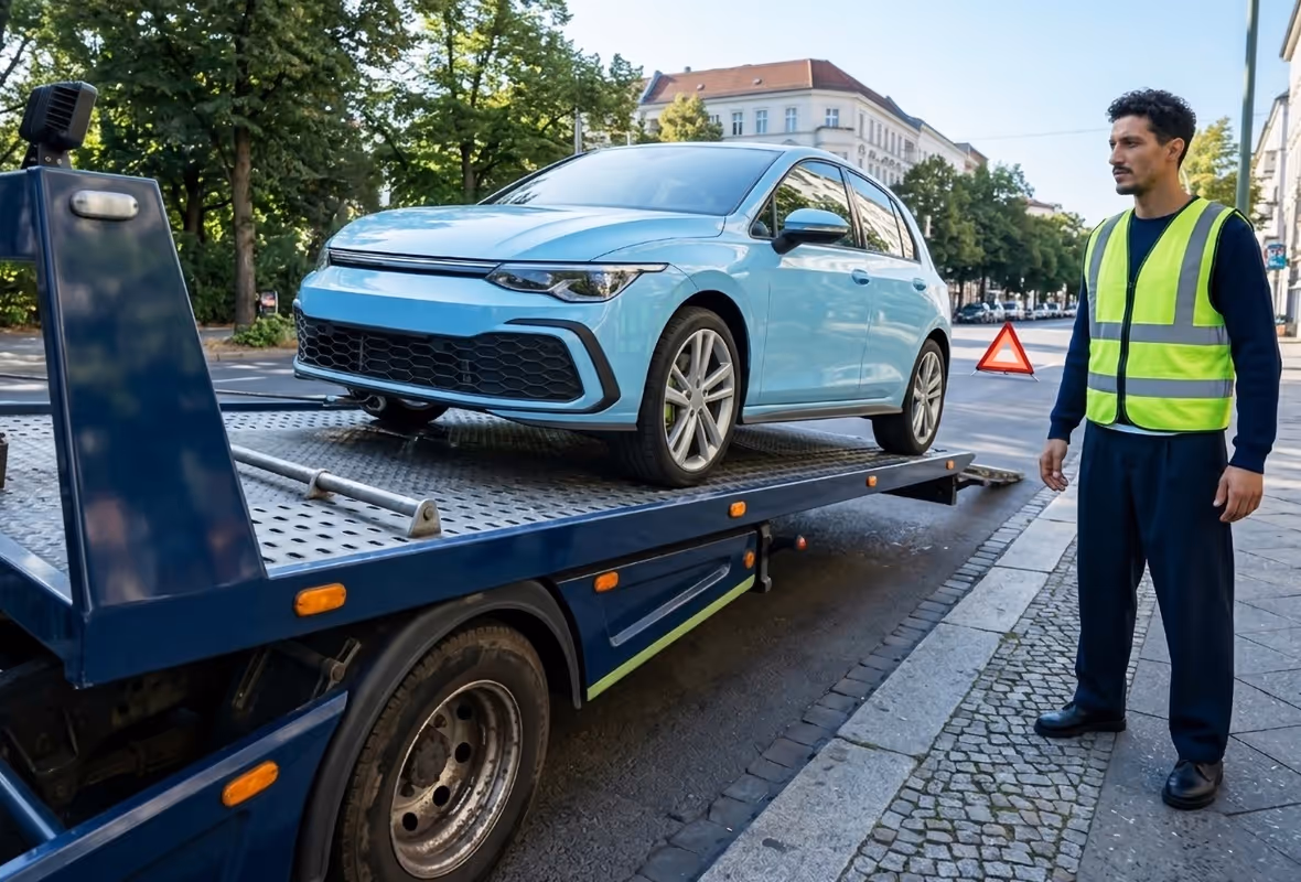 Blauwe auto op sleepwagen