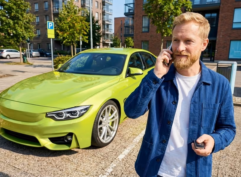 Een man staat bellend naast een gele auto