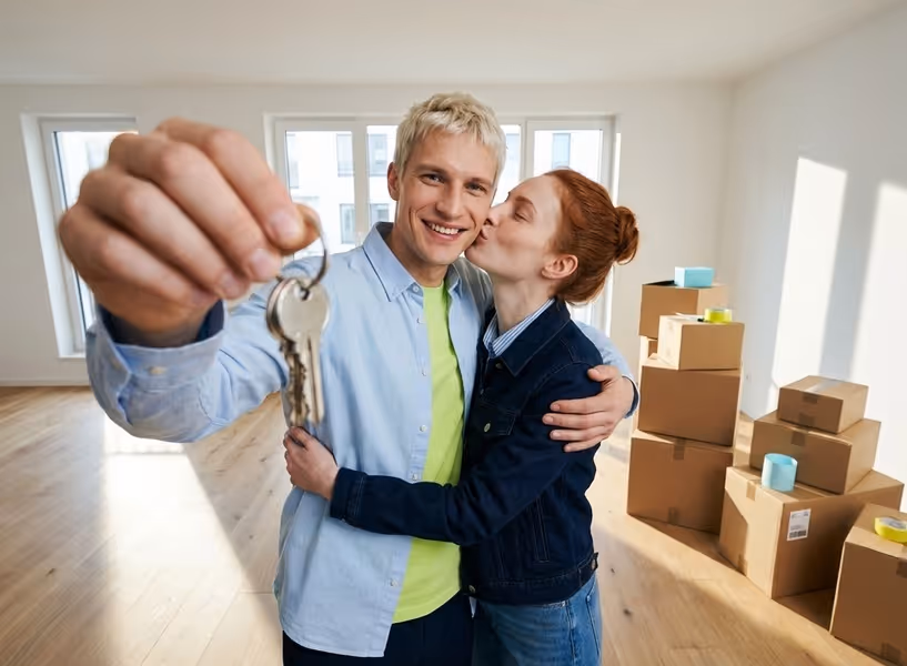 Een man en vrouw staan in hun nieuwe huis en houden trots de foto omhoog