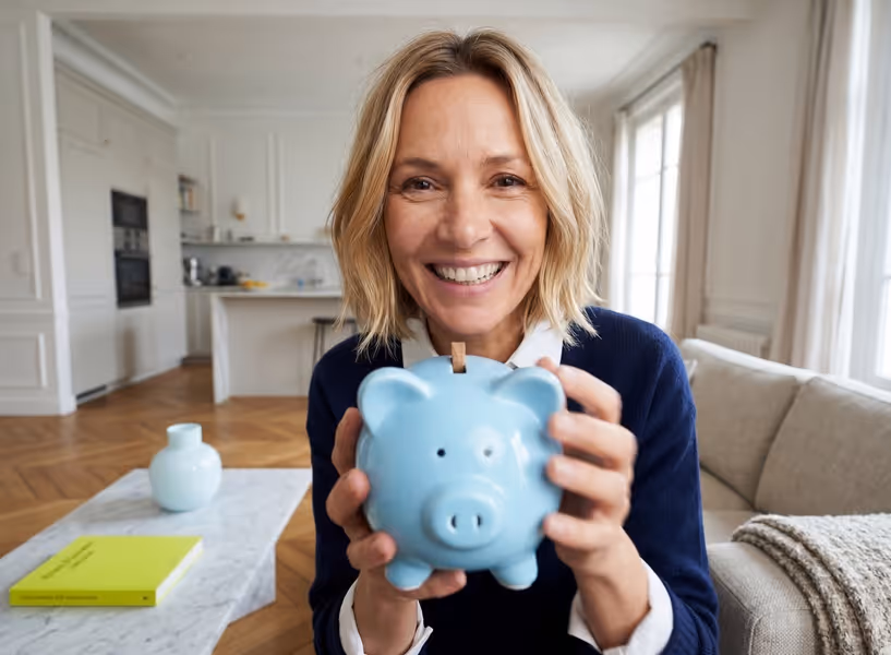Een man en vrouw zitten op de bank en de vrouw heeft een blauw spaarvarken op haar schoot. 