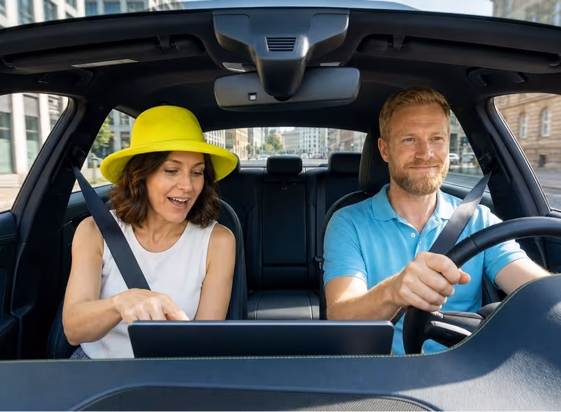 Een man en een vrouw rijden op een zonnige dag samen in de auto